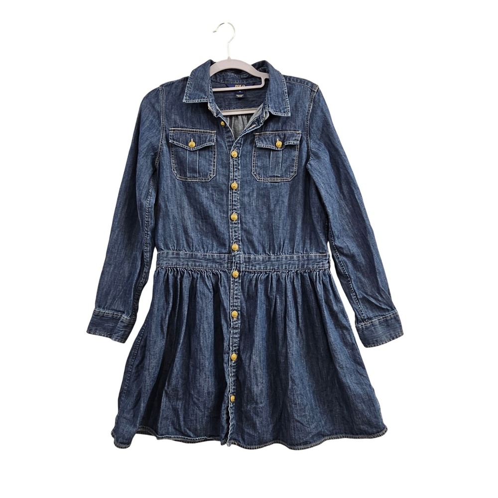 Polo Ralph Lauren Denim Dress Girls 16 Blue Long Sleeve Button Front Fit & Flare